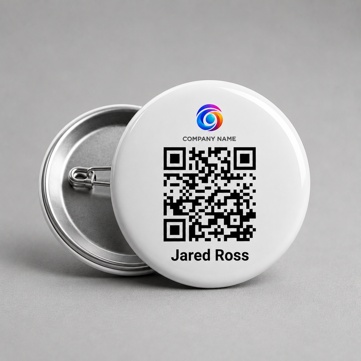 2.25" QR Pins mockup with QR code